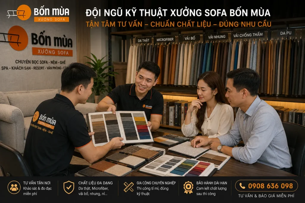Xưởng Sofa Bốn Mùa đồng hành cùng khách hàng từ khâu tư vấn, lựa chọn chất liệu đến thi công và bàn giao hoàn thiện.