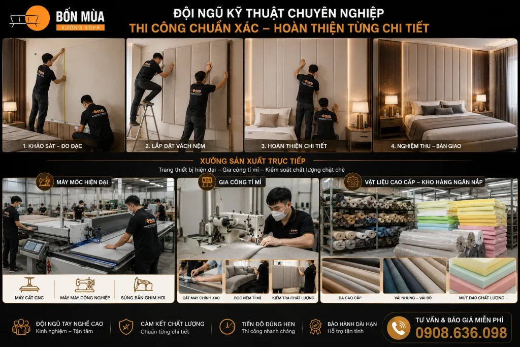 Vách Nệm Trang Trí Đẹp Theo Yêu Cầu – Thi Công Giá Tận Xưởng 9 Xưởng Sofa Bốn Mùa nhận thiết kế, sản xuất và thi công vách nệm trang trí cho phòng ngủ, khách sạn, resort, spa, căn hộ và biệt thự.