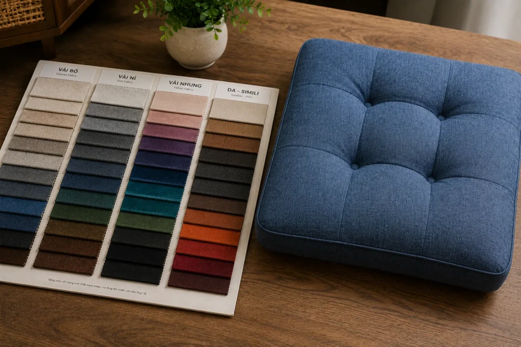Đệm Ngồi Dưới Đất – Mẫu Đẹp, Êm Ái, May Theo Yêu Cầu 10 Mẫu chất liệu bọc đệm đa dạng tại Xưởng Sofa Bốn Mùa