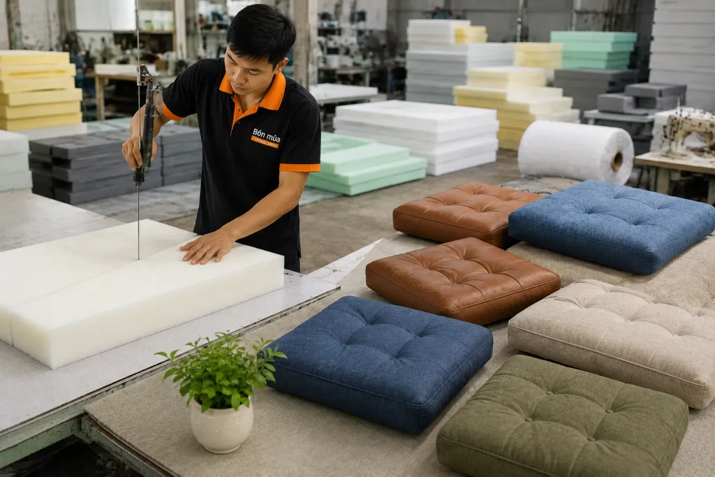 Quy trình cắt, may và hoàn thiện nệm ghế theo kích thước khách hàng yêu cầu.