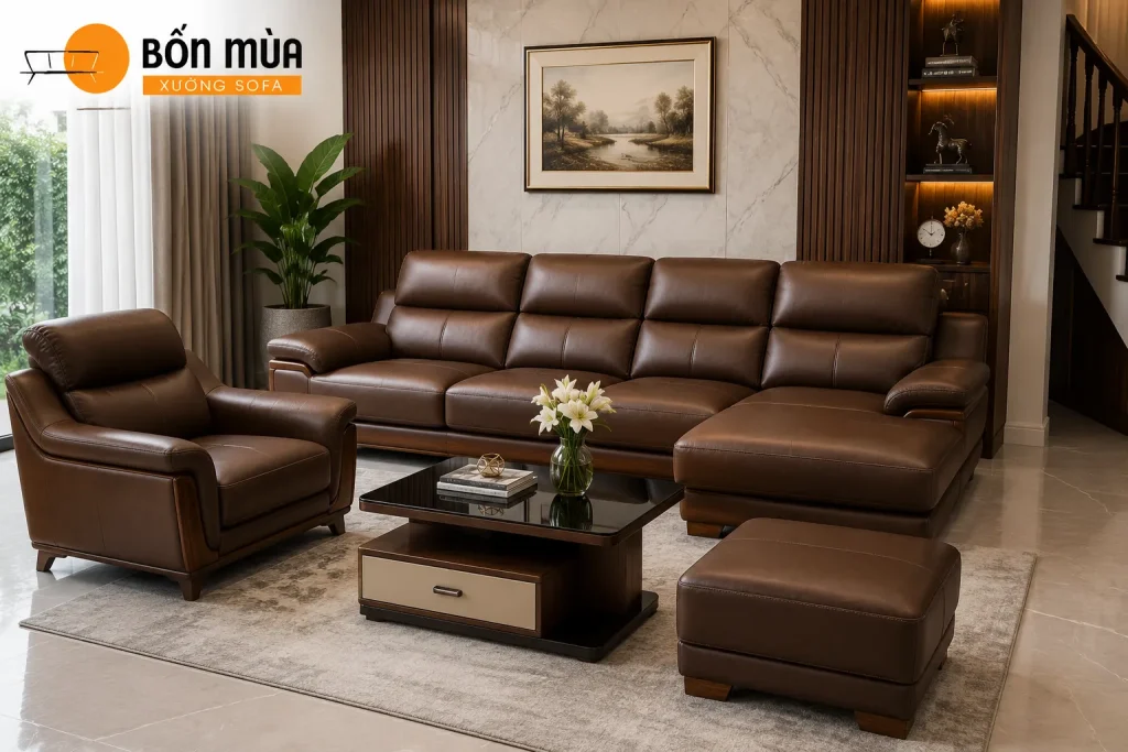 Bọc ghế sofa da 12 Không gian phòng khách trở nên sang trọng sau khi bọc lại sofa da