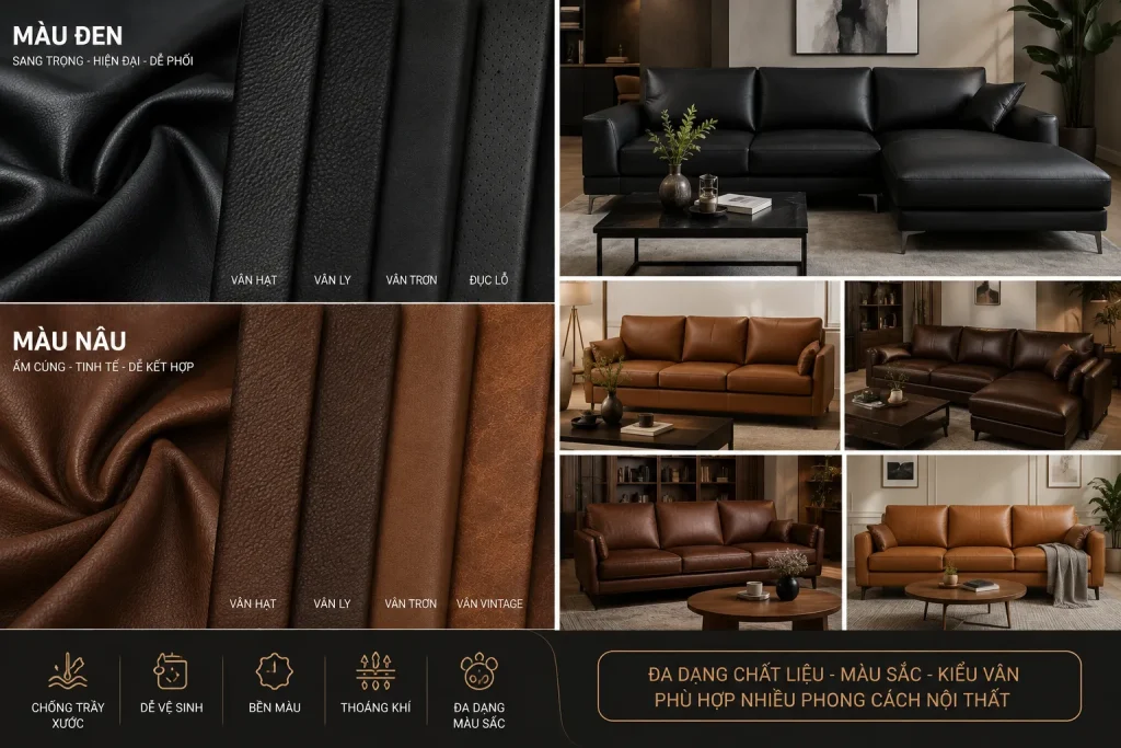 Mẫu Da Công Nghiệp Cho Sofa: Các Loại Da Đẹp, Bền Và Dễ Lựa Chọn 7 Mẫu da công nghiệp cho sofa màu đen và nâu phù hợp nhiều phong cách nội thất