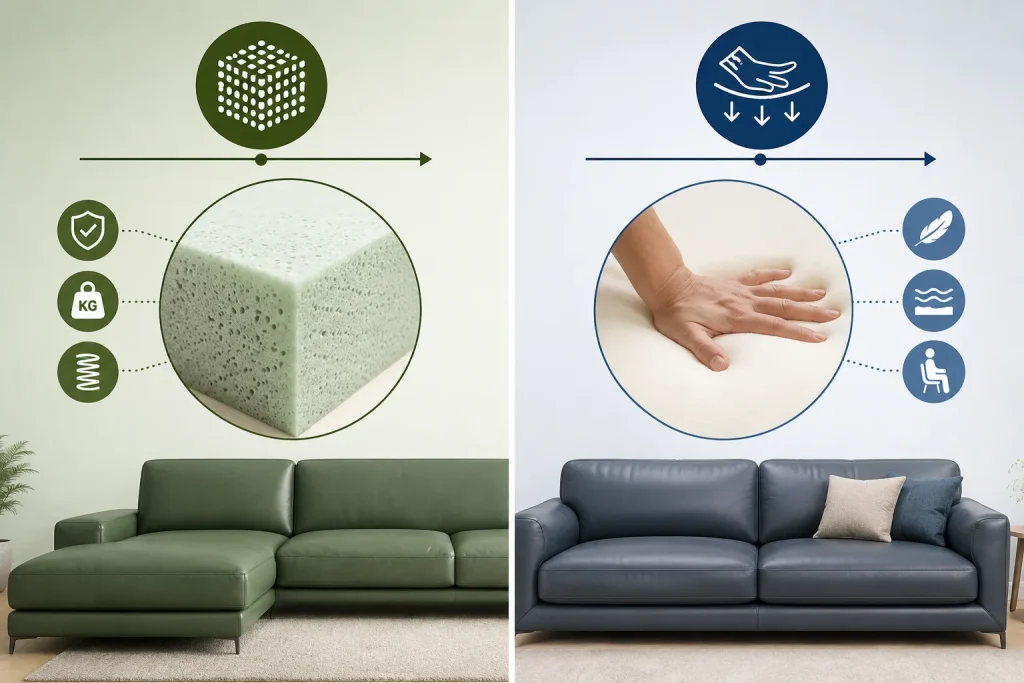 Mẫu Mút Sofa Đẹp, Bền, Êm Ái | Các Loại Mút Sofa Phổ Biến 17 Mật độ và độ cứng là hai yếu tố khác nhau khi đánh giá chất lượng mút sofa, cần được xem xét đồng thời khi lựa chọn đệm.