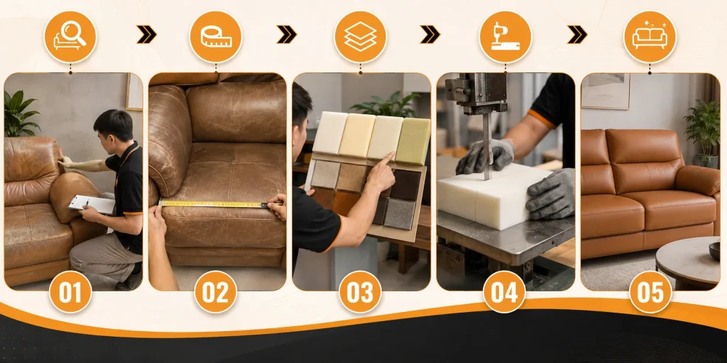 Mẫu Mút Sofa Đẹp, Bền, Êm Ái | Các Loại Mút Sofa Phổ Biến 22 Quy trình thay mút sofa tại Xưởng Sofa Bốn Mùa gồm khảo sát, đo đạc, tư vấn, cắt mút và hoàn thiện đệm.