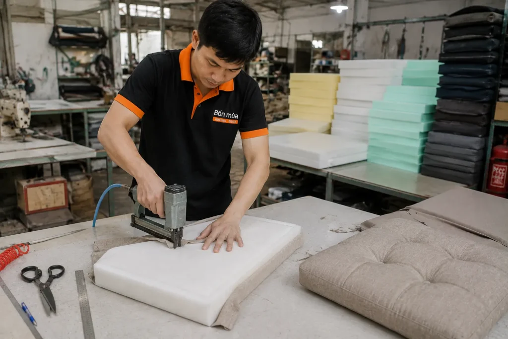 Đệm Ngồi Dưới Đất – Mẫu Đẹp, Êm Ái, May Theo Yêu Cầu 13 Quy trình làm đệm ngồi dưới đất tại xưởng