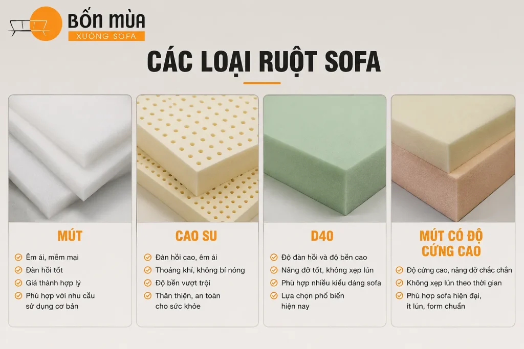 Các loại mút sofa được lựa chọn tùy theo độ cứng, độ dày và nhu cầu sử dụng