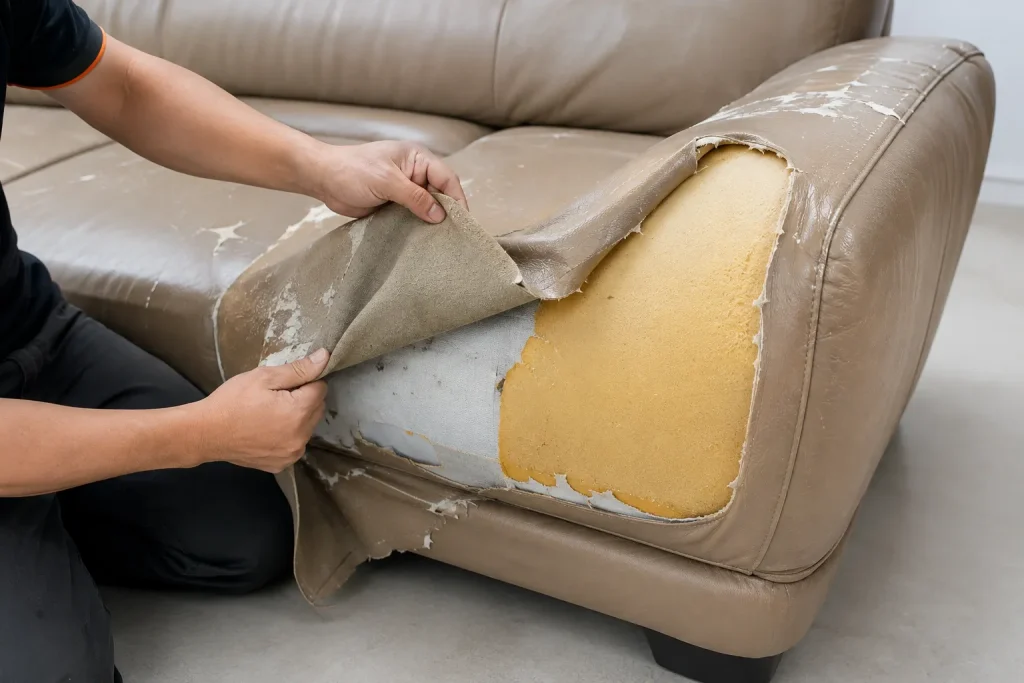 Bọc ghế sofa da 18 Tháo lớp da cũ và kiểm tra khung ghế trước khi thi công