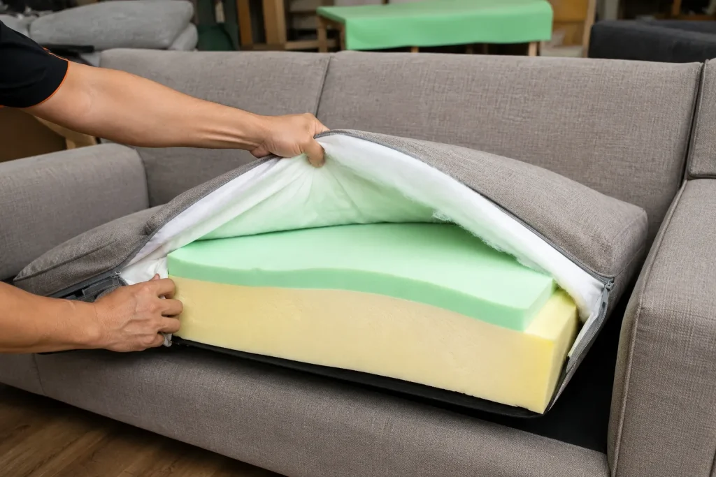 Ruột sofa cũ được tháo ra để kiểm tra tình trạng và xác định phương án thay mới