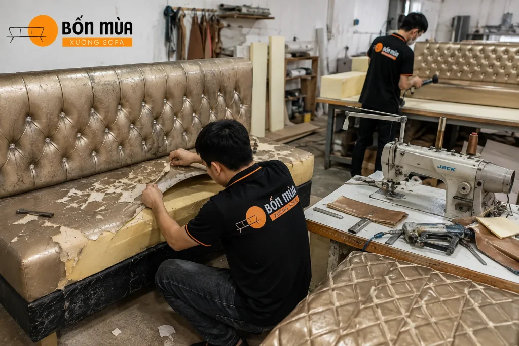 Tháo bỏ lớp bọc cũ để kiểm tra tình trạng sofa