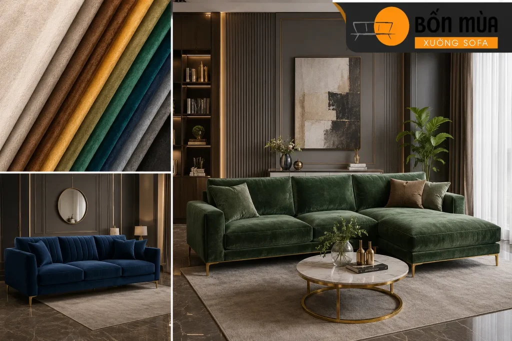 Những mẫu chất liệu Sofa được ưu chuộng hiện nay 24 Sofa vải nhung tạo vẻ sang trọng và chiều sâu cho không gian phòng khách