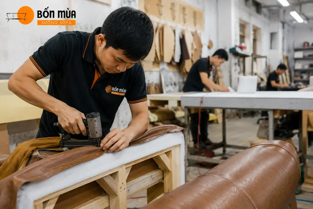 Đội ngũ Xưởng Sofa Bốn Mùa trực tiếp thi công và hoàn thiện sofa