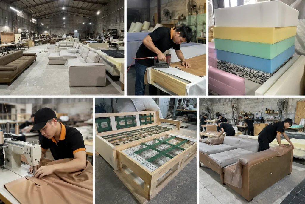 Mẫu Mút Sofa Đẹp, Bền, Êm Ái | Các Loại Mút Sofa Phổ Biến 23 Không gian làm việc và sản xuất sofa tại Xưởng Sofa Bốn Mùa, nơi cung cấp các giải pháp đóng mới, thay mút và bọc lại sofa.