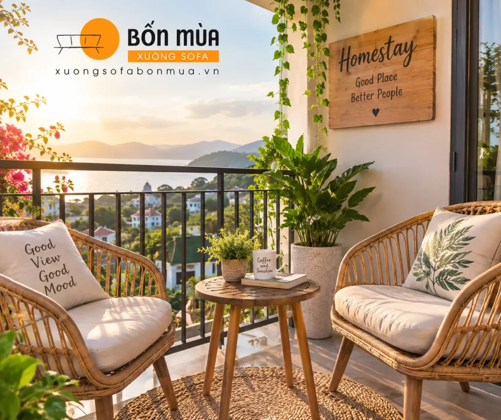 Đệm Ghế Homestay: Các Mẫu Nệm Đẹp, Êm Ái, May Theo Kích Thước 7 Đệm ghế ban công homestay tạo góc thư giãn lý tưởng cho khách lưu trú