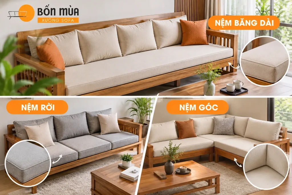 Các kiểu Nệm ngồi Sofa gỗ phổ biến: nệm băng dài, nệm rời và nệm góc