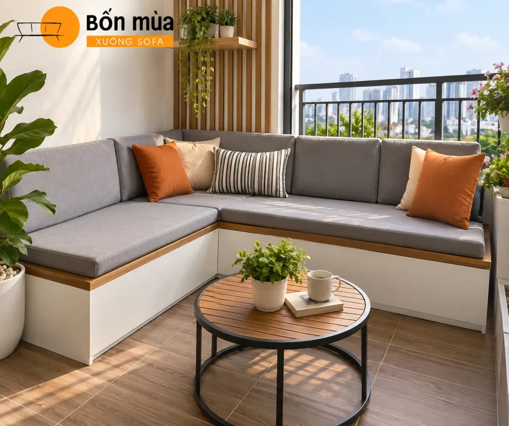 Nệm ngồi ban công góc L được may theo hình dạng thực tế của ghế