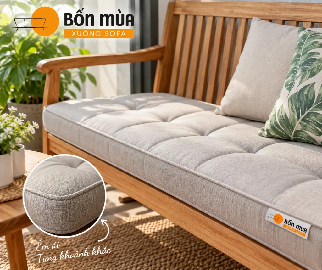 Nệm ghế được thiết kế vừa vặn với mặt ngồi của Sofa gỗ