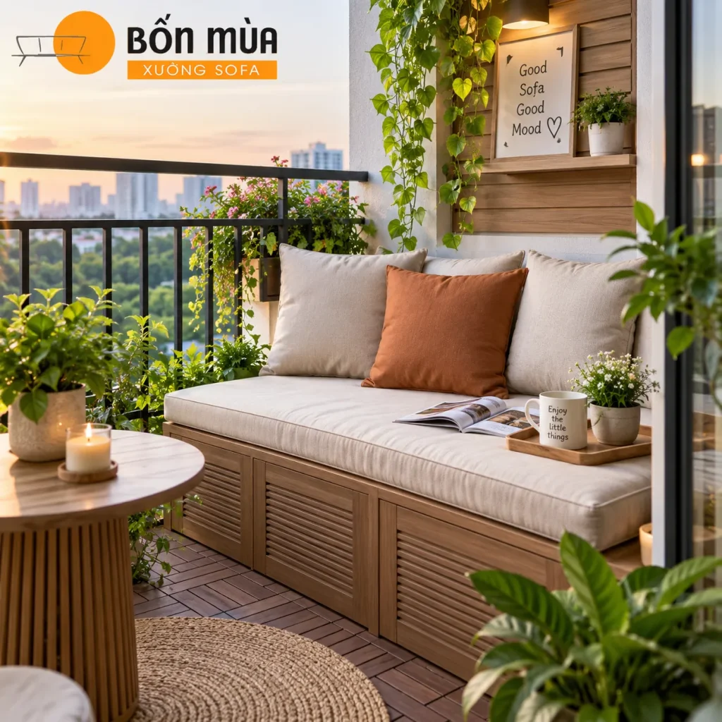 Nệm ngồi ban công giúp không gian thư giãn trở nên êm ái và đẹp mắt