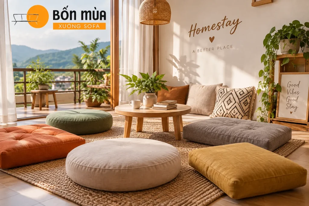 Đệm Ghế Homestay: Các Mẫu Nệm Đẹp, Êm Ái, May Theo Kích Thước 10 Đệm ngồi bệt homestay phù hợp không gian nghỉ ngơi và check-in