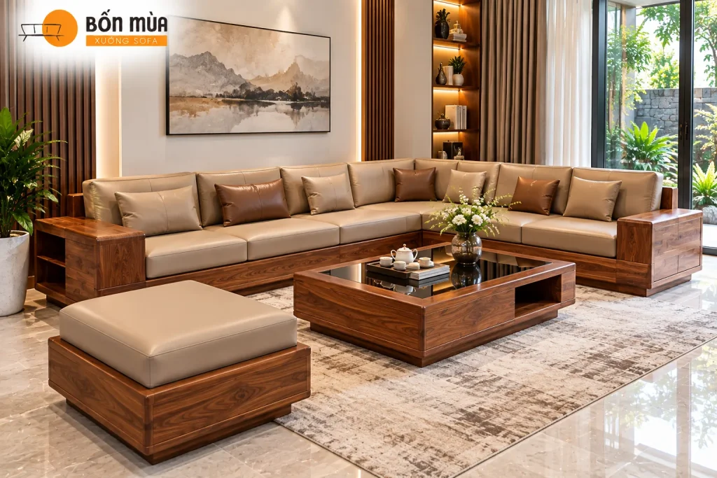 Sofa Gỗ Phòng Khách Lớn Đẹp, Cao Cấp Cho Không Gian Rộng 6 Sofa gỗ chữ L tận dụng không gian góc
