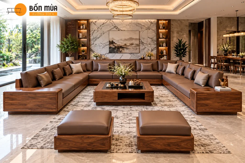 Sofa Gỗ Phòng Khách Lớn Đẹp, Cao Cấp Cho Không Gian Rộng 5 Sofa gỗ chữ U cho phòng khách diện tích lớn