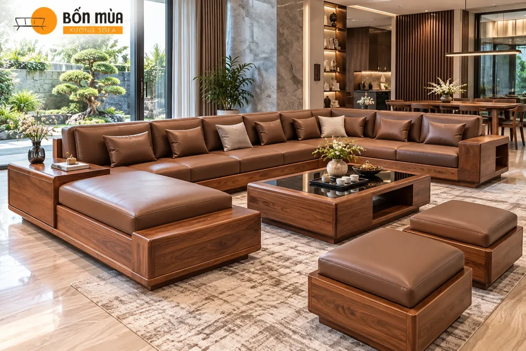 Sofa Gỗ Phòng Khách Lớn Đẹp, Cao Cấp Cho Không Gian Rộng 4 Sofa gỗ kết hợp nệm tạo sự chắc chắn và thoải mái