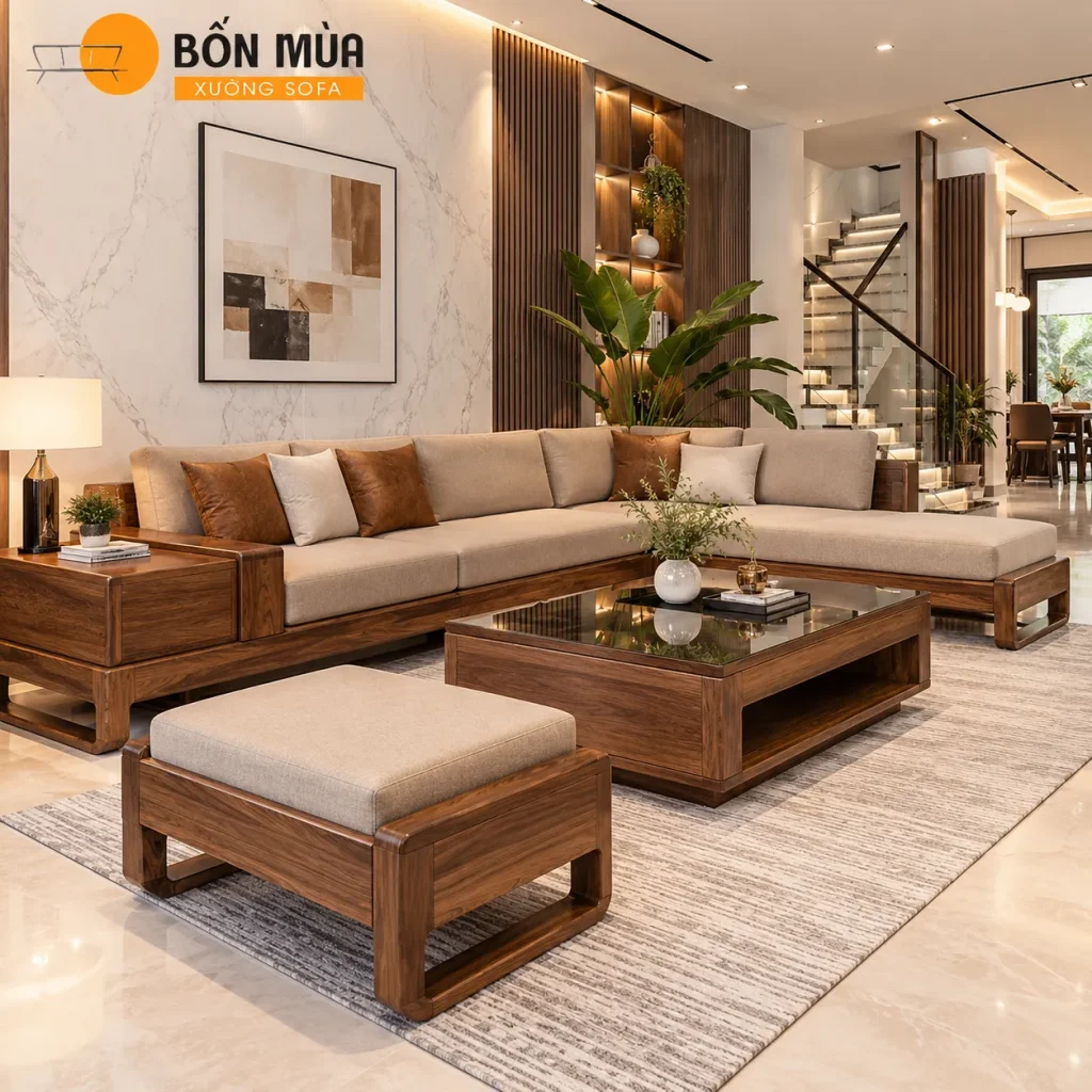 Sofa Gỗ Nhà Phố Hiện Đại Đẹp, Sang Trọng Cho Phòng Khách 2 Sofa gỗ tạo điểm nhấn sang trọng cho phòng khách nhà phố