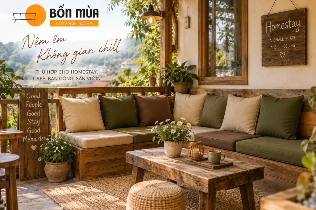 Đệm Ghế Homestay: Các Mẫu Nệm Đẹp, Êm Ái, May Theo Kích Thước 4 Phối màu đệm ghế hài hòa với phong cách thiết kế homestay
