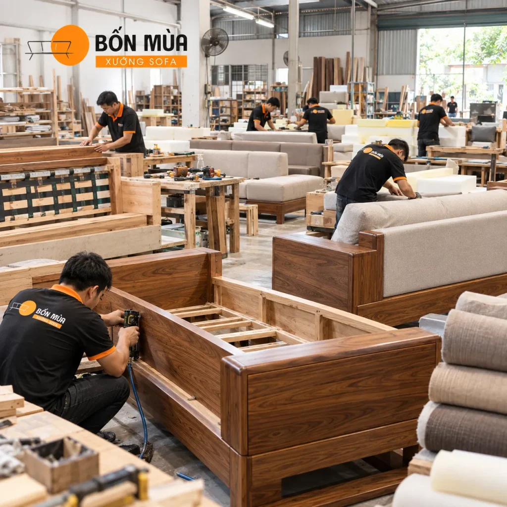 Sofa Gỗ Nhà Phố Hiện Đại Đẹp, Sang Trọng Cho Phòng Khách 9 Xưởng Sofa Bốn Mùa trực tiếp sản xuất sofa theo yêu cầu